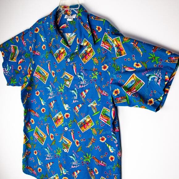 Tiki Hawaiian Shirt – VTG Novelty Surf Postcard Cars | USA Camp Collar Men's XL - Picture 2 of 9